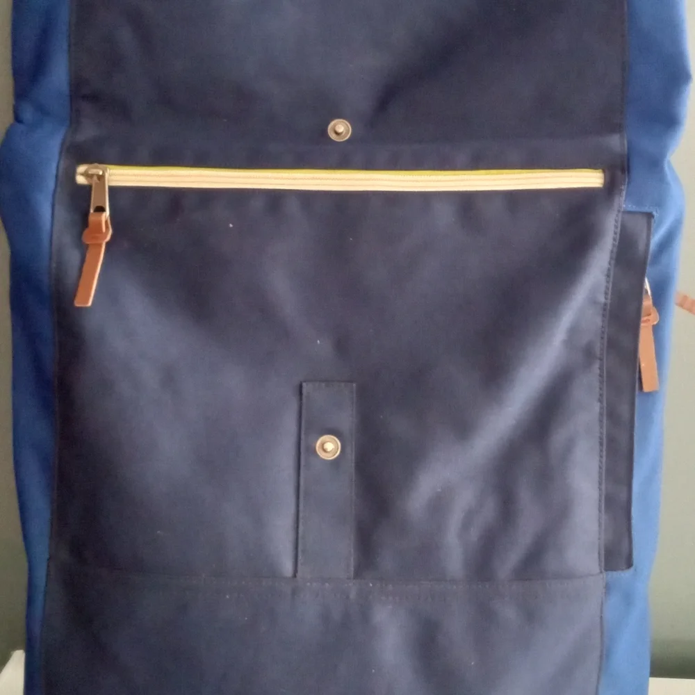 Penguin Backpack Blue Canvas Leather Trim Roll‎ Top Adjustable Straps